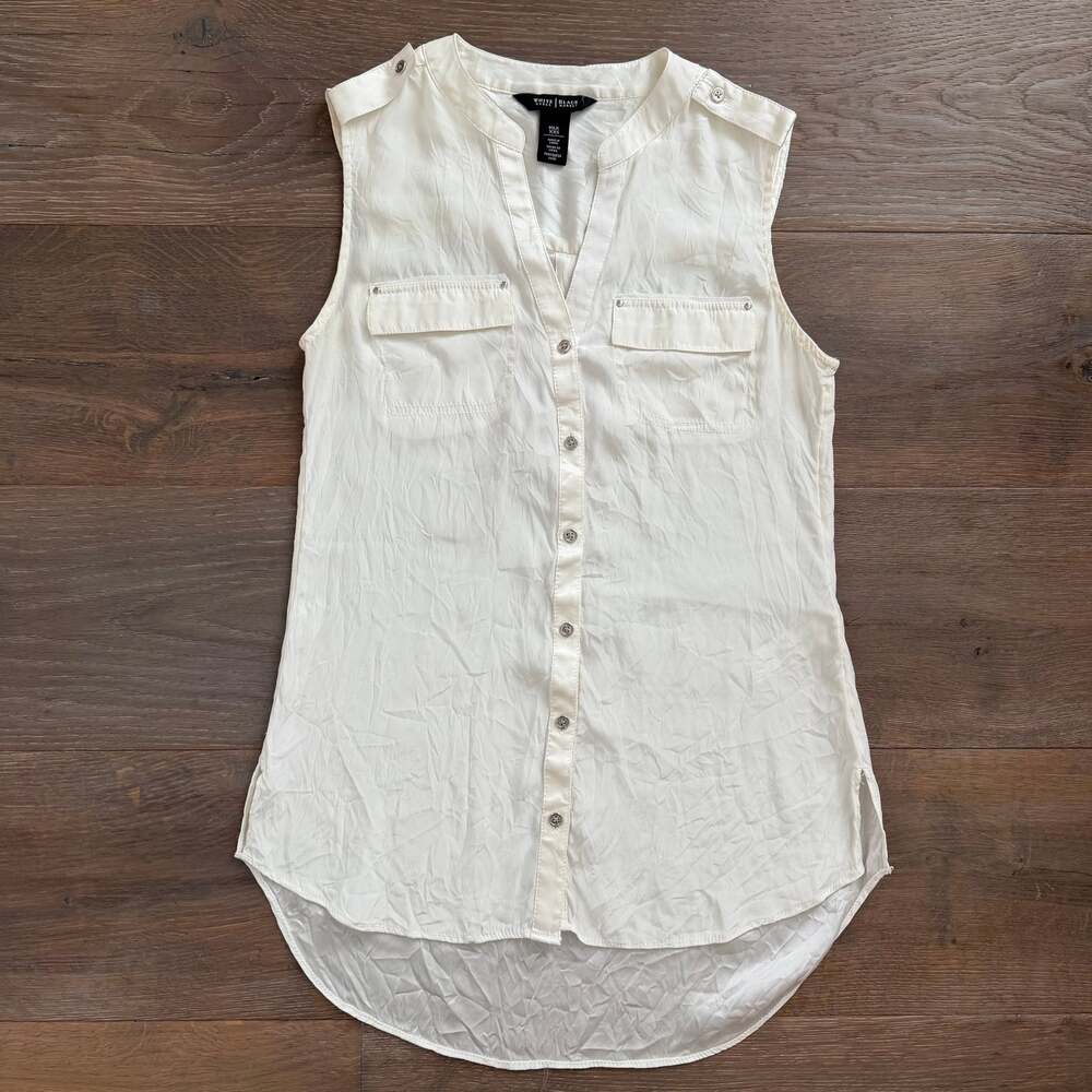 White House Black Market Cream Sleeveless Silk Utility Tunic Blouse Sz Small
